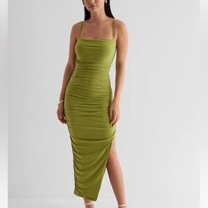 Body Contour Mesh Ruched Side Slit Midi Dress With Bra Cups - Green - Small